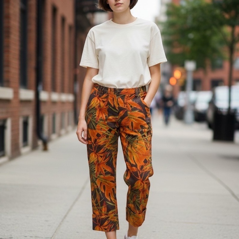 Tropical‎ Floral Cropped Pants Womens Size 8 Orange Brown Beaded Boho Haven Bleu